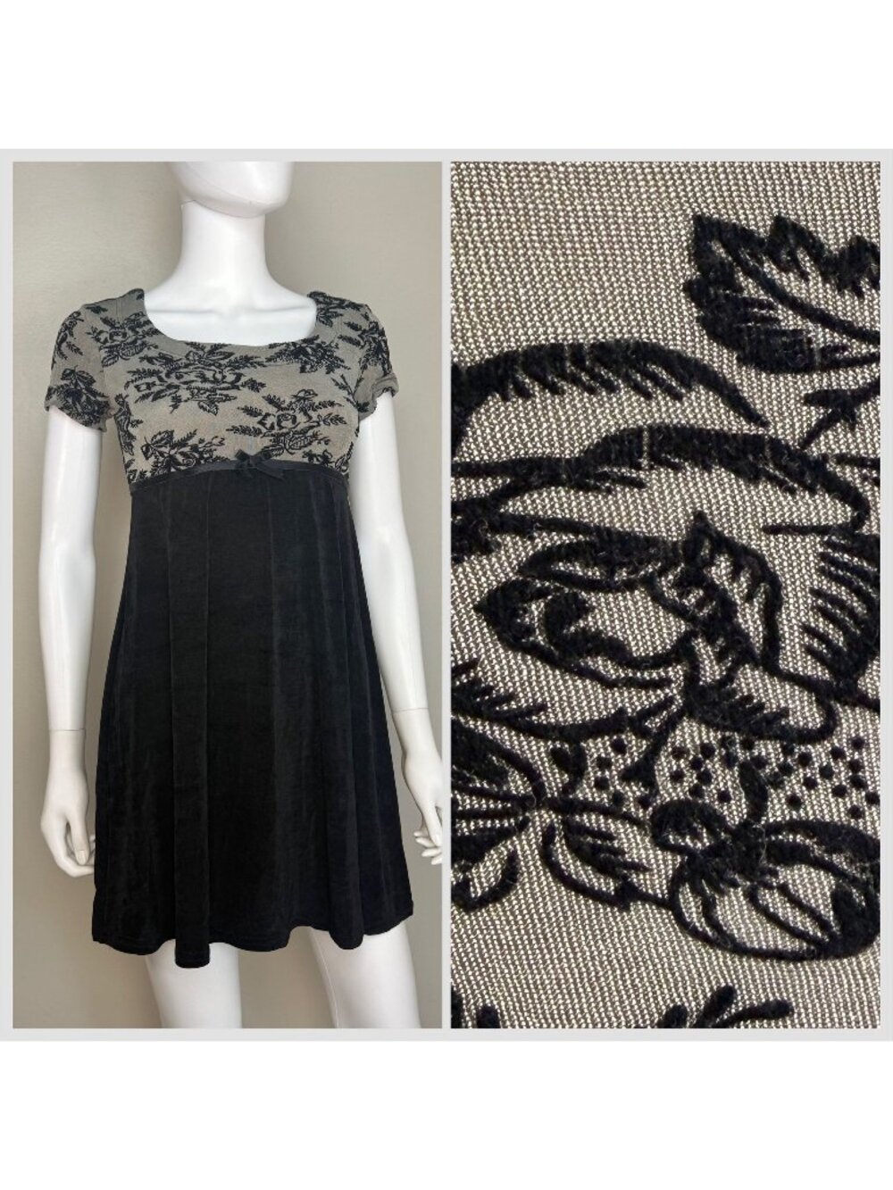 Vintage 1990s Black Floral Knit Mini Dress, La Belle Size Small, Flocked Velvet